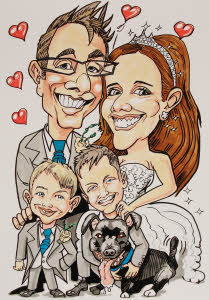 family caricature by Rich Russell from aurorascarnival.co.uk