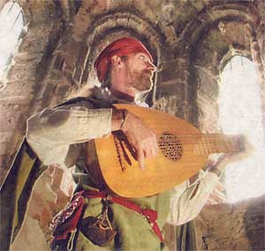 Stephen Winstanley aka Avanti Musick plays his lute in Conwy Castle Chapel.