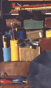 Suitcases full of circus equipment for workshops.