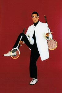 One of the few performers in the world to use two squash rackets.